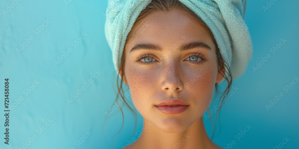 Girl with a white towel wrapped around her head against blue background. Image for a facial spa or wellness center, skincare brand. Banner with copy space. Girl with a white towel wrapped around her head against blue background. Image for a facial spa or wellness center, skincare brand. Banner with copy space.
