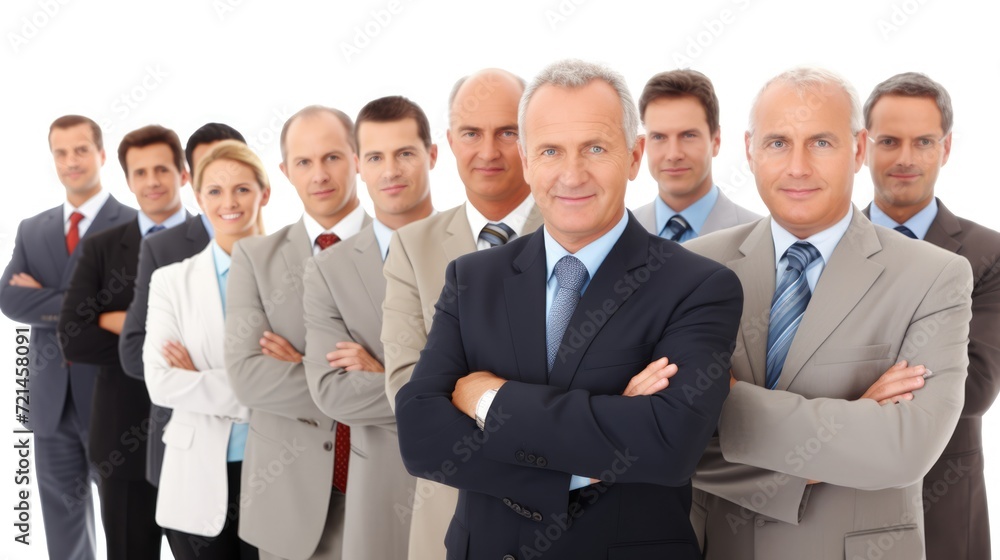 The group of professionals, in business attire, stands together with poise and determination on a white background. The group of professionals, in business attire, stands together with poise and determination on a white background.