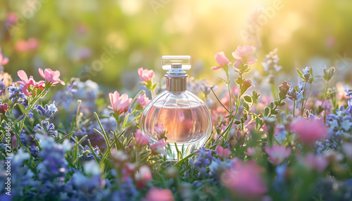 Luxury perfume with floral scent for women in a glass fragrance bottle in a flower garden among blooming flowers on a sunny day. photo