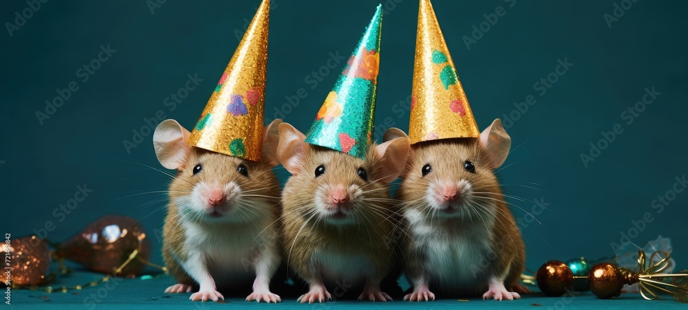 Tiny party hats adorn the heads of mice as they celebrate joyously.