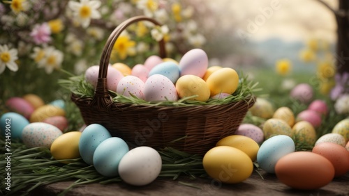Colorful easter eggs displaying in a basket