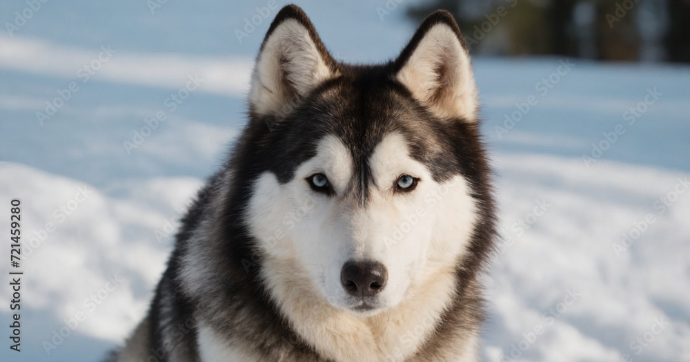 An isolated close-up portrait of a beautiful Siberian husky with striking blue eyes and a happy expression, perfect for banners or design projects.