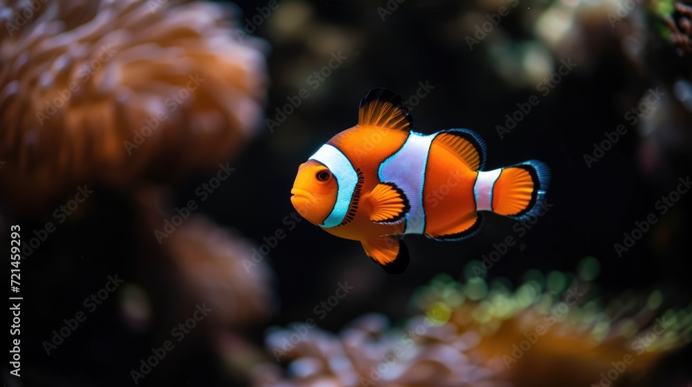 Clown fish close-up on a black background in an aquarium. Clown fish close-up on a black background in an aquarium.