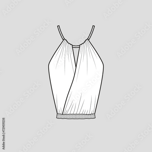 Criss Cross Halter Top criss cross gathering layered smocked hem sleeveless  fashion t shirt top blouse clothing flat sketch technical drawing template design vector