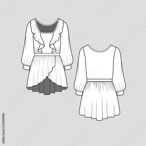 Criss cross Ruffles balloon sleeve Dress  waist panel Gathering Ruffles detail high low dip hem peplum long sleeve cuffs  fashion t shirt top blouse Dresses Flat Sketch technical Drawing template desi