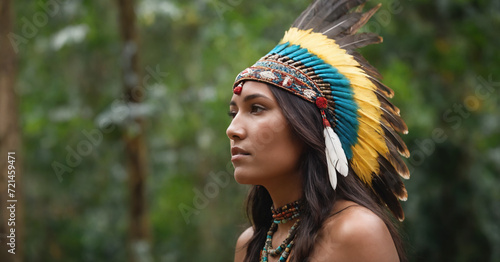 A young woman wearing a colorful indigenous headdress performs a spiritual ritual in the forest, connecting with nature and ancestral traditions. photo