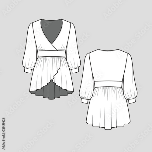 Criss Cross Ruffles tunicTop Layered Ruffle Detail long baloon sleeve with cuffs peplum high low dip hem fashion t shirt top blouse tunic dress clothing flat sketch technical drawing template design v