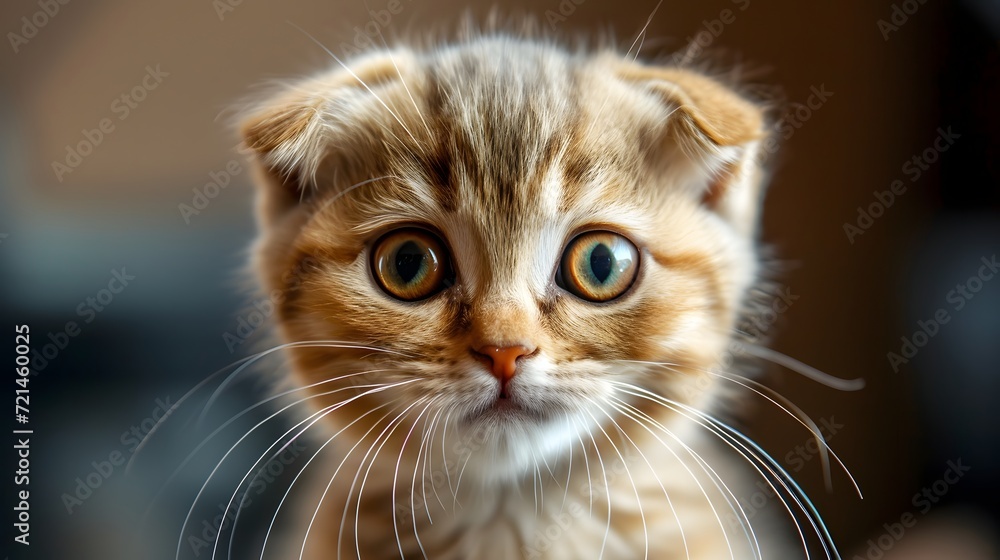 close-up shot of a Scottish Fold kitten with wide, innocent eyes and a playful demeanor. The fluffy fur and folded ears make it an irresistible and endearing companion