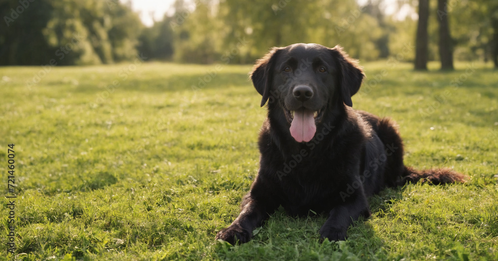 A golden retriever lounges happily in a lush green park, embodying pure canine joy. A golden retriever lounges happily in a lush green park, embodying pure canine joy.