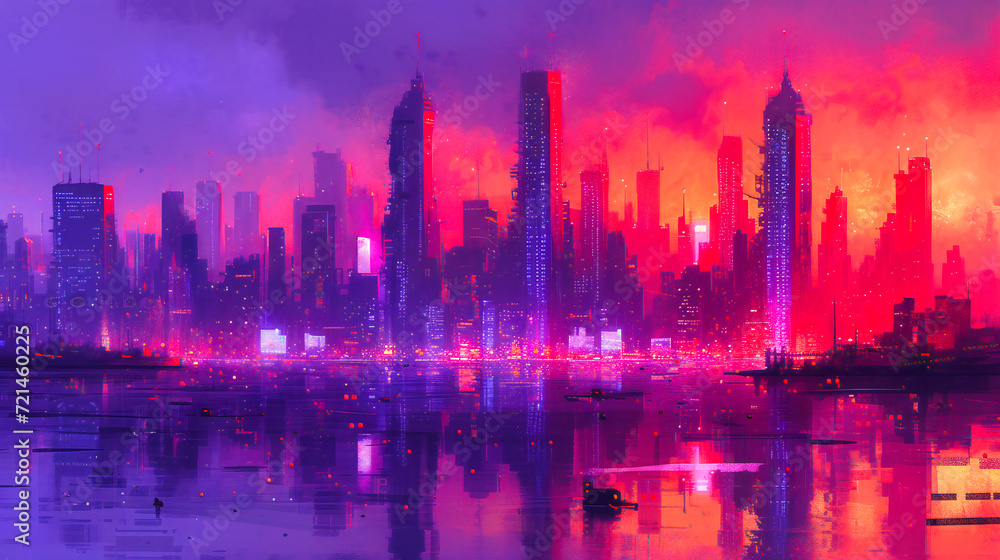 Neon-lit futuristic cityscape with skyscrapers, modern urban skyline with digital elements, architecture and technology concept at night