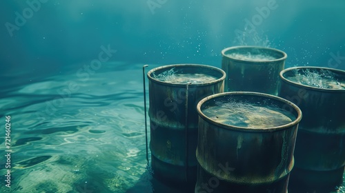 Rusty barrels of toxic chemicals on the ocean floor. A submerged danger, rusty barrels release toxic tendrils, suffocating marine life. Environmental pollution concept. © Stavros