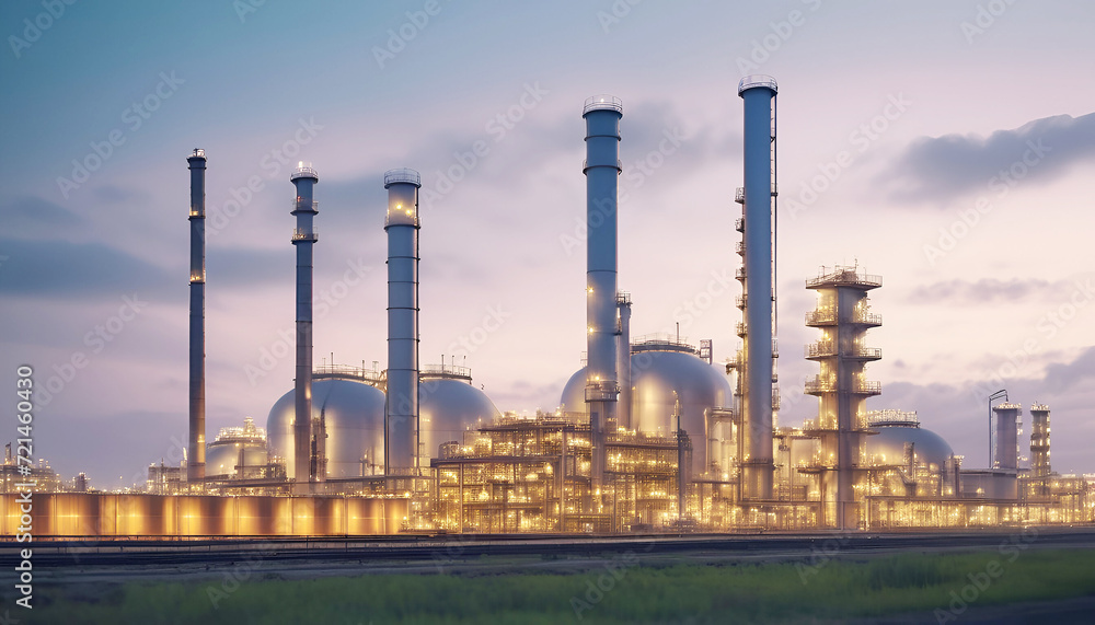 oil and gas power plant refinery with storage tanks facility for oil production or petrochemical factory infrastructure and oil demand price chart concepts as wide banner with copy space