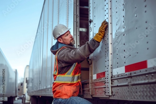 Mid adult male with protective gloves is climbing into the rear end of the trailer. Three quarter length with copy space photo