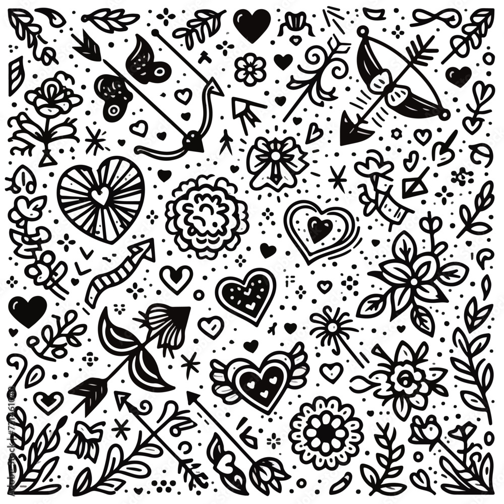 A vector illustration of a black and white Valentine's Day pattern, adorned with doodle elements. A vector illustration of a black and white Valentine's Day pattern, adorned with doodle elements.