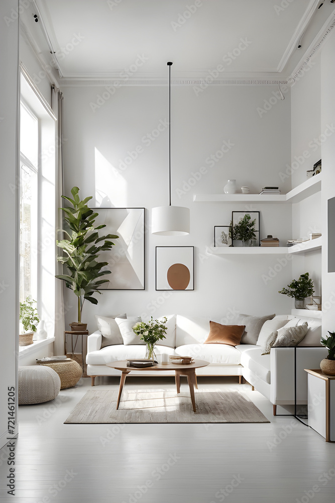 Captivating Homeliness small beloved Living place. walls is white color. natural light. Be mindful of the shapes of all items