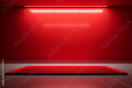 "Modern Minimalist Red Gallery Space: Empty Room with Illuminated LED Strips and Recessed Floor, Ideal for Product Display, Exhibition Artwork, and Contemporary Interior Design Backgrounds"