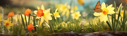 A curious robin exploring a garden filled with blooming daffodils, symbolizing the arrival of spring.