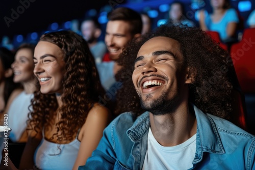 Mid-shot front view of young diverse couple having a good time while watching a film inside movie theater 