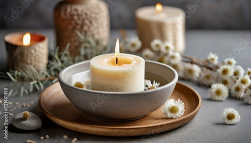 Burning soy candle in ceramic bowl and dried flowers