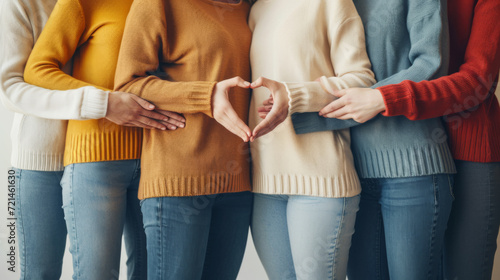 people are standing side by side, wearing colorful sweaters and jeans, forming a heart shape with their hands, symbolizing love and togetherness photo