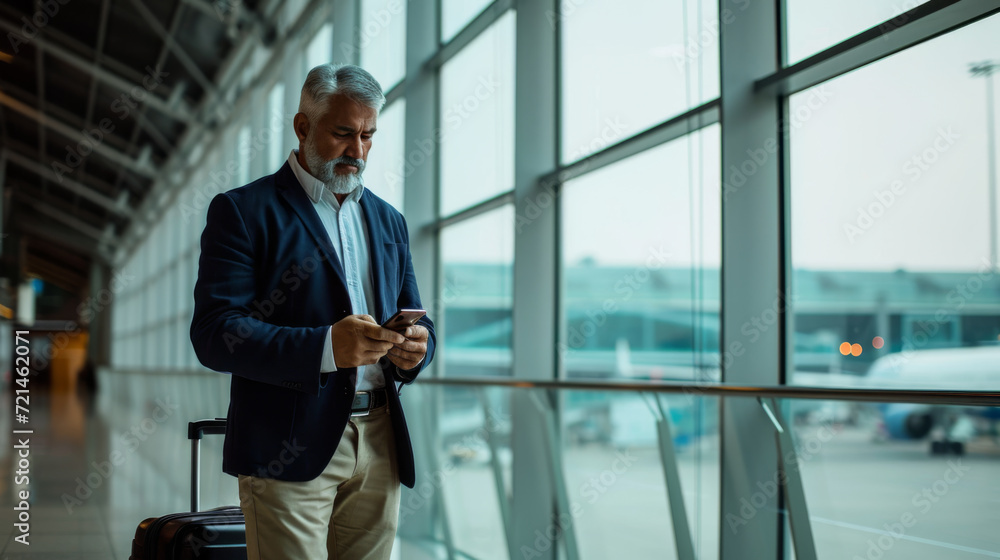 middle-aged man with a beard, dressed in a business casual outfit, standing in an airport terminal middle-aged man with a beard, dressed in a business casual outfit, standing in an airport terminal