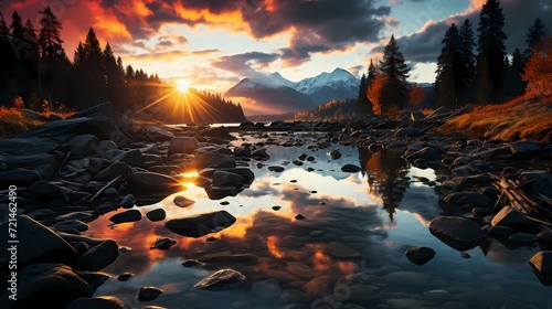 A mesmerizing sunset casting a golden glow on a tranquil turquoise blue lake, as the mountains bask in the fading light
