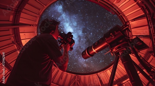 A dedicated scientist peering through a colossal telescope photo