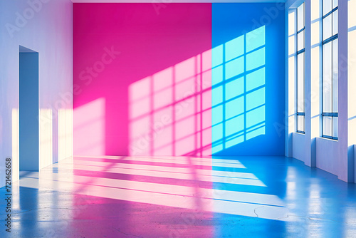 Modern Interior Design in a Room with Abstract Architecture, Illuminated by Neon Lights and Reflective Surfaces