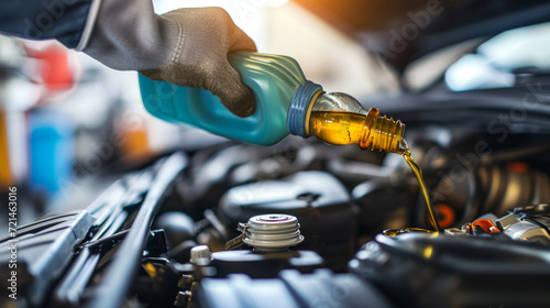 close-up of a fresh engine oil being poured into the motor of a vehicle photo