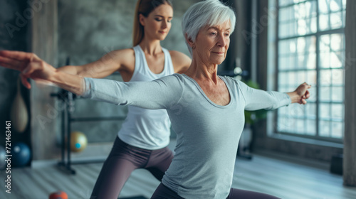 elderly woman practicing yoga with her arms extended, focusing intently, with another person in the background in a bright, window-lined room © MP Studio