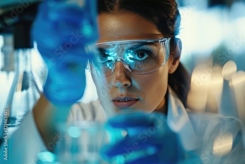 Selective focus shot of serious female scientist in lab coat and protective eyewear taking a sample of blue liquid from erlenmeyer with a pipette. 