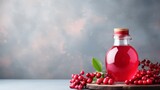 Red Cranberry and fruits Tincture bottle, Cranberries on table on light background. Food photography. Horizontal format