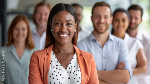 confident woman is standing in the foreground with a group of diverse people blurred in the background