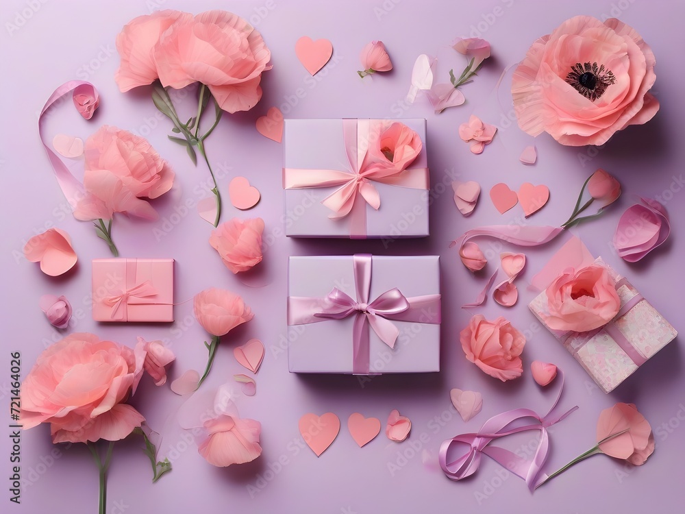 flat lay of gifts, hearts and flowers on purple background, flat lay template, valentine's day, women's day, mother's day, love hearts, gifts, social media templates for promotion, ad, card, ai, post flat lay of gifts, hearts and flowers on purple background, flat lay template, valentine's day, women's day, mother's day, love hearts, gifts, social media templates for promotion, ad, card, ai, post