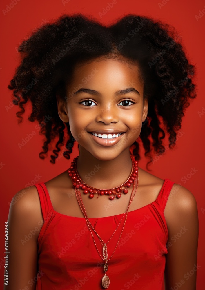 Pretty smiling young dark-skinned girl on a red background. Generative AI. Pretty smiling young dark-skinned girl on a red background. Generative AI.