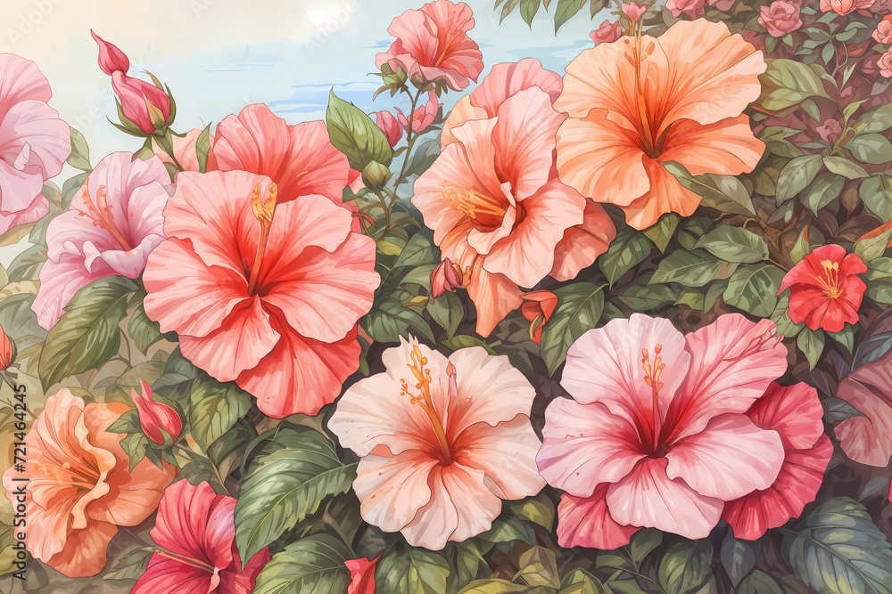 Hibiscus garden floral drawing paintng flower chiness rose water painting pastel colorful Hibiscus garden floral drawing paintng flower chiness rose water painting pastel colorful