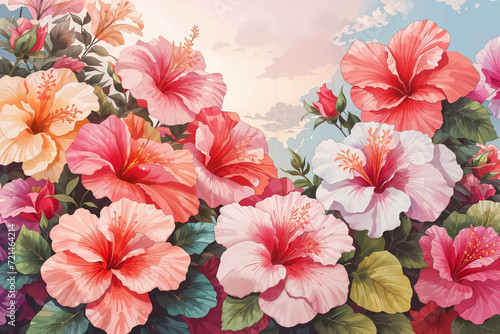 Hibiscus garden floral drawing paintng  flower chiness rose water painting pastel colorful