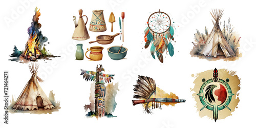 Household items of North American Indians.Watercolor clipart.