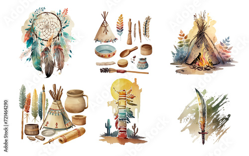Household items of North American Indians.Watercolor clipart.