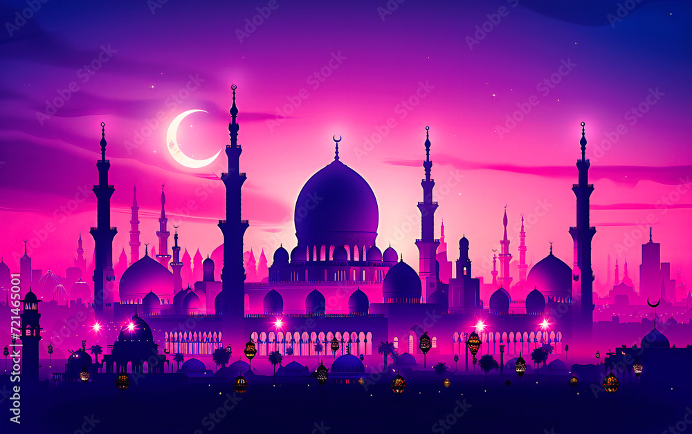 Ramadan Kareem, Crescent Moon over Mosque Illustration, Glowing Night Sky with Stars