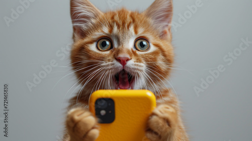 A surprised ginger cat with a yellow phone in his paws.