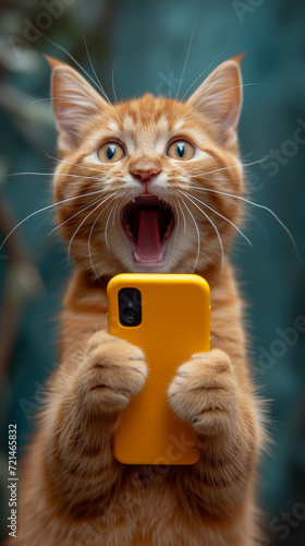 A surprised ginger cat with a yellow phone in his paws. Vertical photo