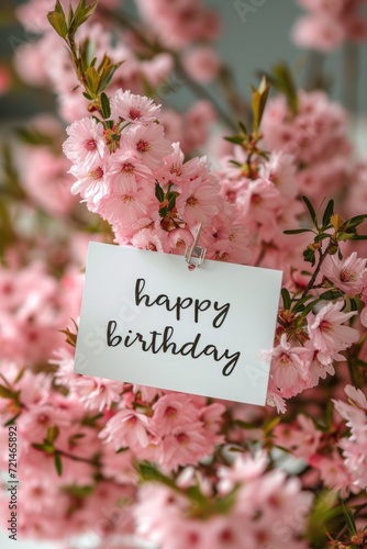 happy birthday card with blooming pink flowers. Generative AI © Miss V