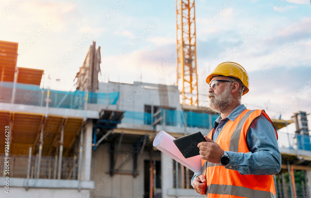 A man site engineer surveyor working with theodolite total station EDM equipment on a building construction site outdoors A man site engineer surveyor working with theodolite total station EDM equipment on a building construction site outdoors