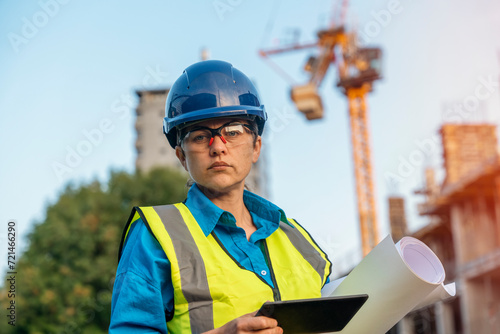 Female site engineer surveyor working with theodolite total station EDM equipment on a building construction site outdoors