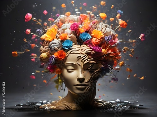 Concept art of a human brain exploding with creativity. brain exploding with flowers, surrelaism abstract, abstrac human brain exploding creativity, generative ai, ai generative abstract concept art.
