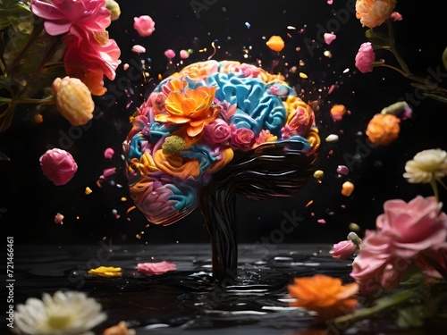 Concept art of a human brain exploding with creativity. brain exploding with flowers, surrelaism abstract, abstrac human brain exploding creativity, generative ai, ai generative abstract concept art.