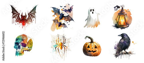 Bat, ghost, pumpkin, lantern and skull. Watercolor clipart.