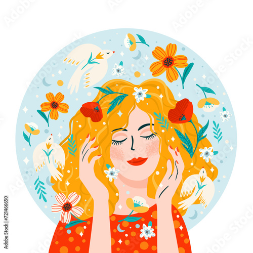 Illustration with woman, flowers and birds. Vector design concept for International Women s Day and other