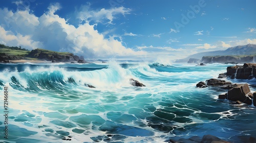 A mesmerizing shot of the cobalt blue ocean, with waves gently rolling towards the shore